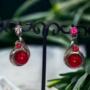 Vintage Red Ball Rhinestones Silver-Tone 1 1/8 Inch Long Earrings!
